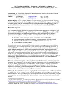 INTERNATIONAL FAMILY PLANNING & REPRODUCTIVE HEALTH RECOMMENDATIONS FOR THE FY 2017 STATE-FOREIGN OPERATIONS BILL Organization: 61 organizations supportive of international family planning and reproductive health program