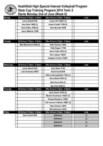 Heathfield High Special Interest Volleyball Program State Cup Training Program 2014 Term 2 Starts Monday 2nd of June (Week 6) Monday  B4 School (7.00am - 8.30am)