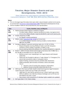 Timeline, Major Disaster Events and Law Developments, [removed]Class: Ethical and Legal Aspects of Disaster Response Instructors: Barbara L. Folb, MM, MLS, MPH and Patti Reynolds, MLS  Notes: