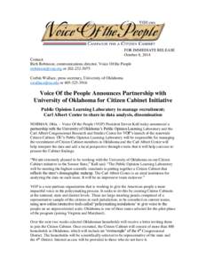 FOR IMMEDIATE RELEASE October 8, 2014 Contact: Rich Robinson, communications director, Voice Of the People  orCorbin Wallace, press secretary, University of Oklahoma