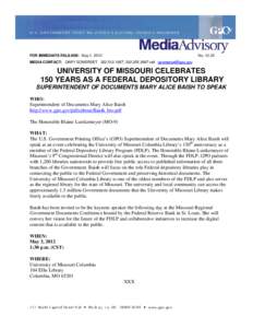 Microsoft Word - UNIVERSITY OF MISSOURI CELEBRATES 150 YEARS AS A FEDERAL DEPOSITORY LIBRARY.doc