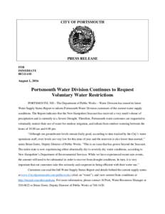 CITY OF PORTSMOUTH  PRESS RELEASE FOR IMMEDIATE RELEASE