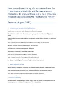 How does the teaching of a structured tool for communication within and between teams contribute to student learning: a Best Evidence Medical Education (BEME) systematic review Protocol(AugustReview group member