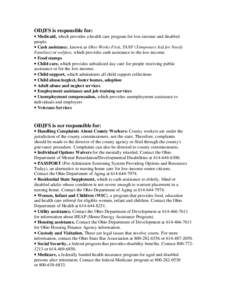 ODJFS is responsible for:  • Medicaid, which provides a health care program for low-income and disabled people. • Cash assistance, known as Ohio Works First, TANF (Temporary Aid for Needy Families) or welfare, which 