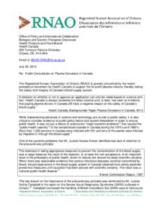 Microsoft Word - RNAO to Health Canada paid plasma July 25,2013.docx