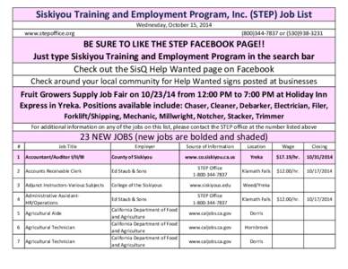 Siskiyou Training and Employment Program, Inc. (STEP) Job List Wednesday, October 15, 2014 www.stepoffice.org[removed]or[removed]