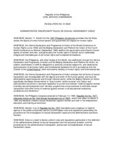 Republic of the Philippines CIVIL SERVICE COMMISSION RESOLUTION NOADMINISTRATIVE DISCIPLINARY RULES ON SEXUAL HARASSMENT CASES