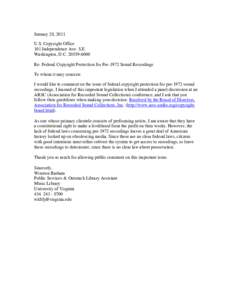 January 28, 2011 U.S. Copyright Office 101 Independence Ave. S.E. Washington, D.C[removed]Re: Federal Copyright Protection for Pre-1972 Sound Recordings To whom it may concern: