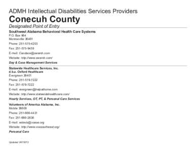 ADMH Intellectual Disabilities Services Providers  Conecuh County Designated Point of Entry  Southwest Alabama Behavioral Health Care Systems