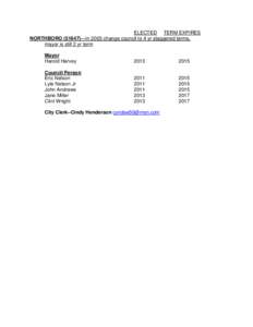 ELECTED TERM EXPIRES NORTHBORO[removed])—in 2003 change council to 4 yr staggered terms, mayor is still 2 yr term Mayor Harold Harvey