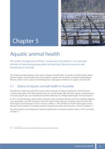 Chapter 5	 Aquatic animal health The health management of finfish, crustaceans and molluscs is an essential element of maintaining aquaculture productivity, fisheries resources and biodiversity in Australia. This chapter
