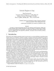Earlier version appears in: Proceedings of the Fifth International Lisp Users and Vendors Conference, Boston, MA, Literate Engines in Lisp Raja Sooriamurthi Computer Science Department, Lindley Hall, 215 Indiana U