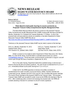 NEWS RELEASE  IDAHO WATER RESOURCE BOARD The Idaho Water Center, 322 E. Front St., Boise ID -- Phone: ([removed]FAX: ([removed]