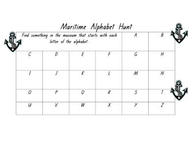 Maritime Alphabet Hunt Find something in the museum that starts with each letter of the alphabet. A