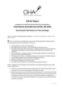 Call for Papers Contributions are invited from Australia and overseas for publication in Oral History Australia Journal No. 38, 2016 Fast Forward: Oral History in a Time of Change