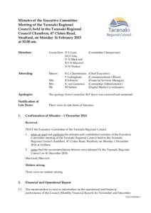 Minutes of the Executive Committee Meeting of the Taranaki Regional Council, held in the Taranaki Regional Council Chambers, 47 Cloten Road, Stratford, on Monday 16 February 2015 at[removed]am.