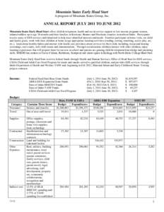 Mountain States Early Head Start A program of Mountain States Group, Inc. ANNUAL REPORT JULY 2011 TO JUNE 2012 Mountain States Early Head Start offers child development, health and social service support to low income pr