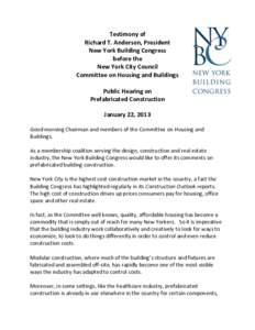 Testimony of Richard T. Anderson, President New York Building Congress before the New York City Council Committee on Housing and Buildings