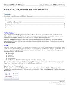 Microsoft Office 2010 Project  Lists, Columns, and Table of Contents Word 2010: Lists, Columns, and Table of Contents Contents