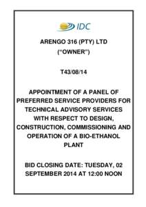 ARENGO 316 (PTY) LTD (“OWNER”) T43[removed]APPOINTMENT OF A PANEL OF PREFERRED SERVICE PROVIDERS FOR TECHNICAL ADVISORY SERVICES