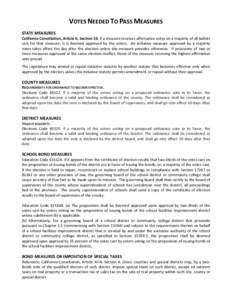 VOTES NEEDED TO PASS MEASURES    STATE MEASURES  California Constitution, Article II, Section 10. If a measure receives affirmative votes on a majority of all ballots  cast  for  that  measur