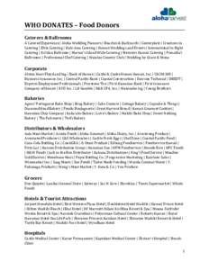 WHO DONATES – Food Donors Caterers & Ballrooms A Catered Experience | Aloha Wedding Planners | Beaches & Backyards | Centerplate | Creations in Catering | Elite Catering | Hale Aina Catering | Hawaii Weddings and Event