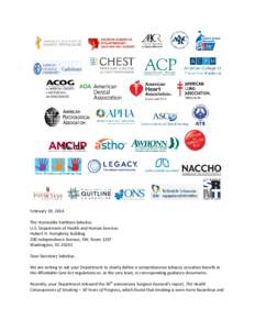 Letter to HHS Secretary Sebelius requesting additionally guidance on tobacco cessation treatment coverage