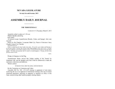 NEVADA LEGISLATURE Seventy-Seventh Session, 2013 ASSEMBLY DAILY JOURNAL THE THIRTIETH DAY CARSON CITY (Tuesday), March 5, 2013