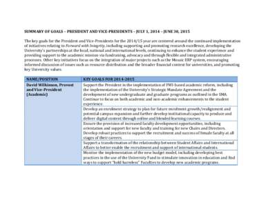 SUMMARY OF GOALS – PRESIDENT AND VICE-PRESIDENTS – JULY 1, 2014 – JUNE 30, 2015 The key goals for the President and Vice-Presidents for the[removed]year are centered around the continued implementation of initiativ