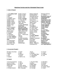 State/Union Territory-wise list of Scheduled Tribes in India I. Andhra Pradesh 1. Andh,Sadhu Andh 2. Bagata 3. Bhil