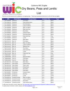 California WIC Eligible  Dry Beans, Peas and Lentils List This list is not all-inclusive and is updated on an ongoing basis. There may be products that are not on this list that are eligible.