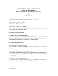 HOUSE CAPITAL OUTLAY REQUEST 0064 STATE OF NEW MEXICO 51ST LEGISLATURE - SECOND SESSION[removed]Anna M. Crook  CAPITAL PROJECTS FOR REPRESENTATIVE ANNA M. CROOK