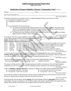 English Language Learning Program (ELL) Sample School District Notification of Program Eligibility: ( Entrance / Continuation / Exit ) circle one School:______________________________________ Date:_______________________