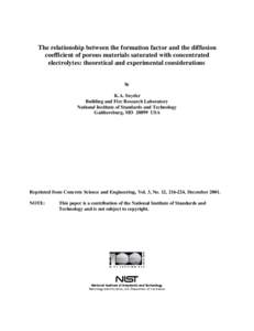 The relationship between the formation factor and the diffusion coefficient of porous materials saturated with concentrated electrolytes: theoretical and experimental considerations by K.A. Snyder