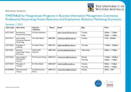 Business School  TIMETABLE for Postgraduate Programs in Business Information Management; Commerce; Professional Accounting; Human Resource and Employment Relations; Marketing; Economics SemesterUnit code