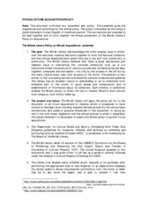 ETHICAL FUTURE ACQUISITIONS POLICY Note: This document is divided into ‘preamble’ and ‘policy’. The preamble gives the imperatives and authorities for the ethical policy. The policy is intended as the Library’s
