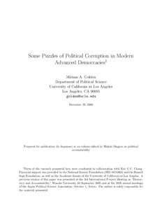 Some Puzzles of Political Corruption in Modern Advanced Democracies1 Miriam A. Golden Department of Political Science University of California at Los Angeles Los Angeles, CA 90095