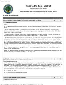 Technical Review Form  Race to the Top - District Technical Review Form Application #0078NY-1 for Binghampton City School District A. Vision (40 total points)