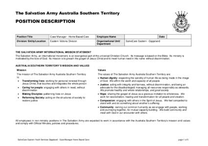 The Salvation Army Australia Southern Territory  POSITION DESCRIPTION Position Title