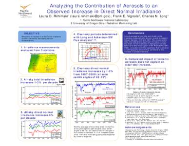 Analyzing Surface Solar Flux Data in Oregon for Changes Due to Aerosols Laura D. Riihimaki1, Frank E. Vignola1, Charles N. Long2, James A. Coakley Jr.3 1 University of Oregon Solar Radiation Monitoring Lab 2 Pacific Nort