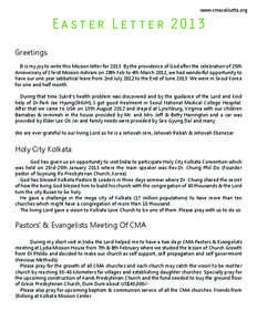 www.cmacalcutta.org  Easter Letter 2013 Greetings    It is my joy to write this Mission letter for[removed]By the providence of God after the celebration of 25th