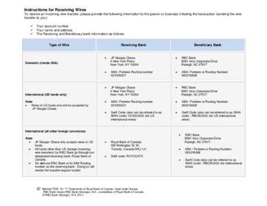 Instructions for Receiving Wires To receive an Incoming wire transfer, please provide the following information to the person or business initiating the transaction (sending the wire transfer to you):   