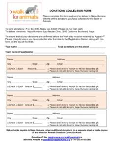 DONATIONS COLLECTION FORM Please complete this form and send or deliver to Napa Humane with the offline donations you have collected for the Walk for Animals.  To send donations: P.O. Box 695, Napa, CA, Please do 