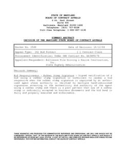 STATE OF MARYLAND BOARD OF CONTRACT APPEALS 6 St. Paul Street Suite 601 Baltimore, Maryland[removed]