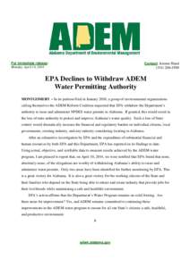 EPA Declines to Withdraw ADEM Water Permitting Authority