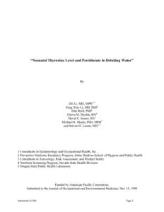 “Neonatal Thyroxine Level and Perchlorate in Drinking Water”  By Zili Li, MD, MPH1,2 Feng Xiao Li, MD, PhD1