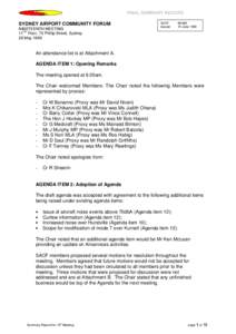 FINAL SUMMARY RECORD  SYDNEY AIRPORT COMMUNITY FORUM NINETEENTH MEETING 11TH Floor, 70 Phillip Street, Sydney 28 May 1999