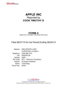 APPLE INC Reported by COOK TIMOTHY D FORM 4