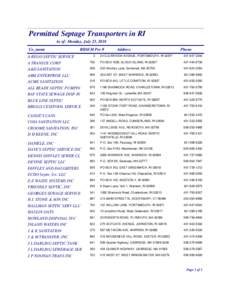 RI DEM, Office of Waste Management, Permitted Transporter Information, Permitted Septage Transporters in RI, as of July 2018