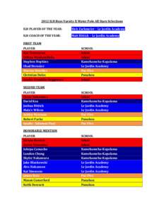 2012	
  ILH	
  Boys	
  Varsity	
  II	
  Water	
  Polo	
  All	
  Stars	
  Selections	
   	
   ILH	
  PLAYER	
  OF	
  THE	
  YEAR:	
  	
   Nick	
  Zackmeier	
  –	
  Le	
  Jardin	
  Academy	
  